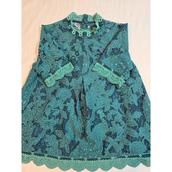 HD In Paris Teal Peacock lace Meadow Short Sleeve Top Scalloped Hem Size 0 - Picture 13 of 13